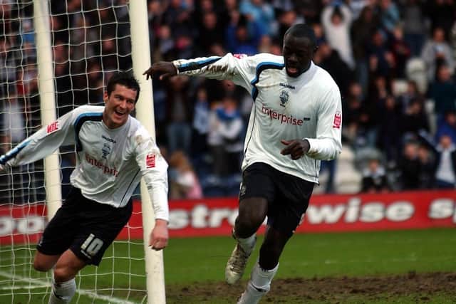 Patrick Agyemang celebrates with David Nugent after scoring for Preston North End against Millwall at Deepdale