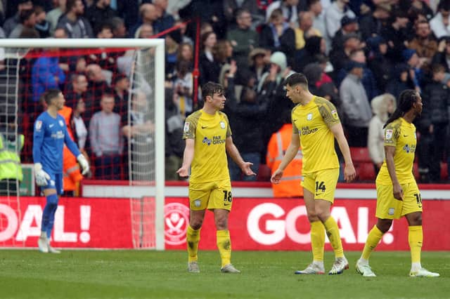Preston North End players react after conceeding the opening goal