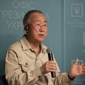 Former UN Secretary General Ban Ki-moon visits Kyiv, Ukraine in 2022 with the former president of Colombia, Juan Manuel Santos, as a member an independent group of senior global leaders known as The Elders. (Photo by Alexey Furman/Getty Images)