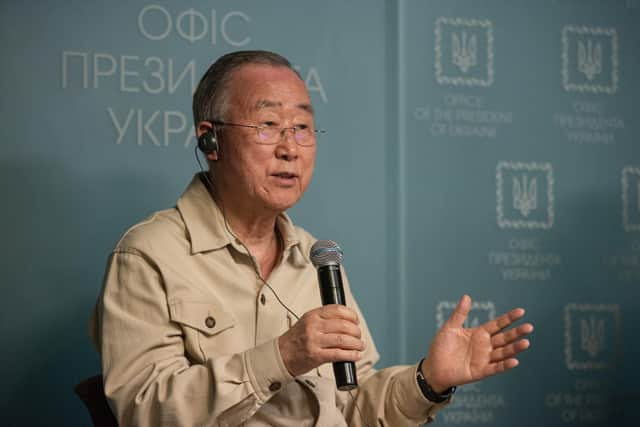 Former UN Secretary General Ban Ki-moon visits Kyiv, Ukraine in 2022 with the former president of Colombia, Juan Manuel Santos, as a member an independent group of senior global leaders known as The Elders. (Photo by Alexey Furman/Getty Images)