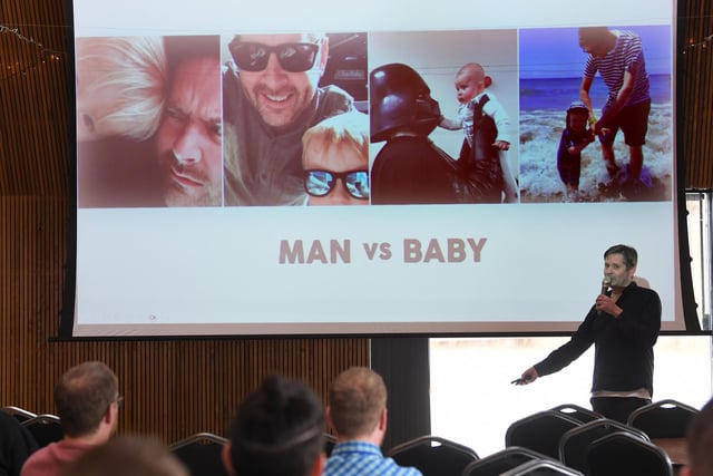 Matt Coyne of Man vs. Baby addresses the 'Dadcon' event at Brockholes