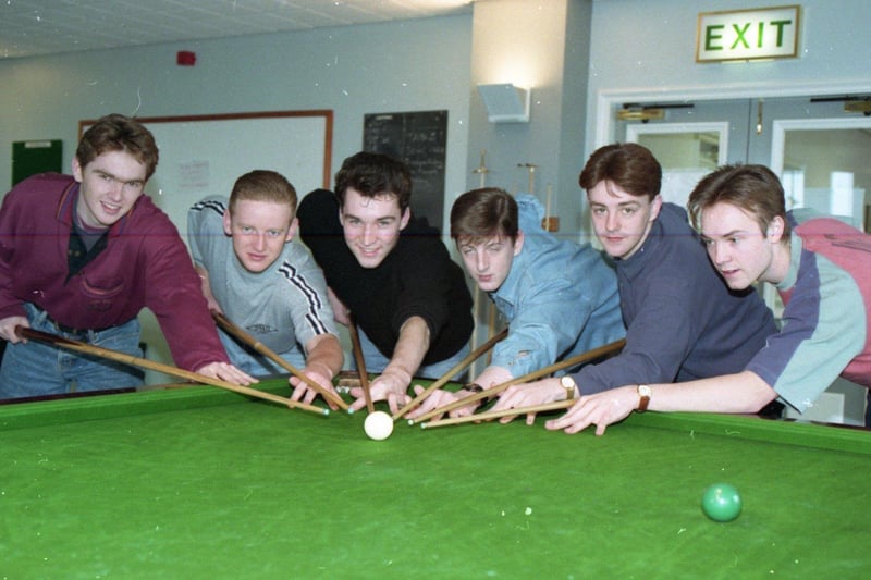 Six apprentices at British Aerospace in Warton, near Preston, potted the black for charity when they rook part in a 24-hour snooker marathon. They managed to raise £700 in sponsorship and collections and will hand the cash to the NSPCC. The players are pictured, left to right: David Hiles, Colin Whalley, Mark Murray, Mark Jackson, Martin Joyce and Russell Apsinall
