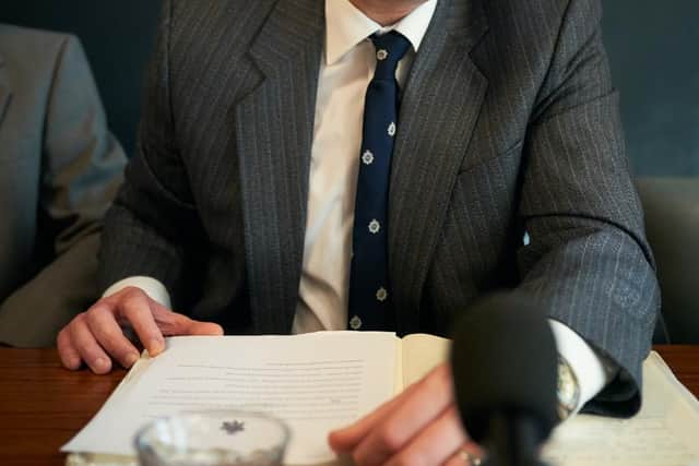 Daniel Mays, as Detective Peter Jay, meeting the press to appeal to the public to come to the police if they have any information on Dennis Nilsen.