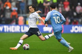 Preston North End's Alvaro Fernandez battles with Sunderland's Patrick Roberts