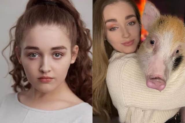 Lancashire actress Niamh Longford credits UCLan with helping her prepare for the professional world. Left: headshot by Tom Barker.  Right: Niamh with one of her prized pet pigs.