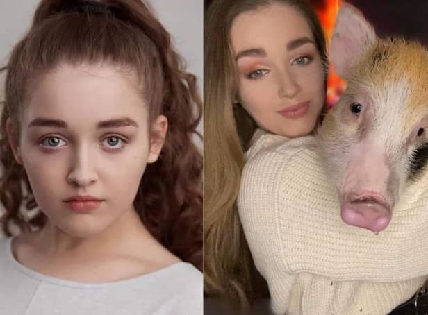 Lancashire actress Niamh Longford credits UCLan with helping her prepare for the professional world. Left: headshot by Tom Barker.  Right: Niamh with one of her prized pet pigs.