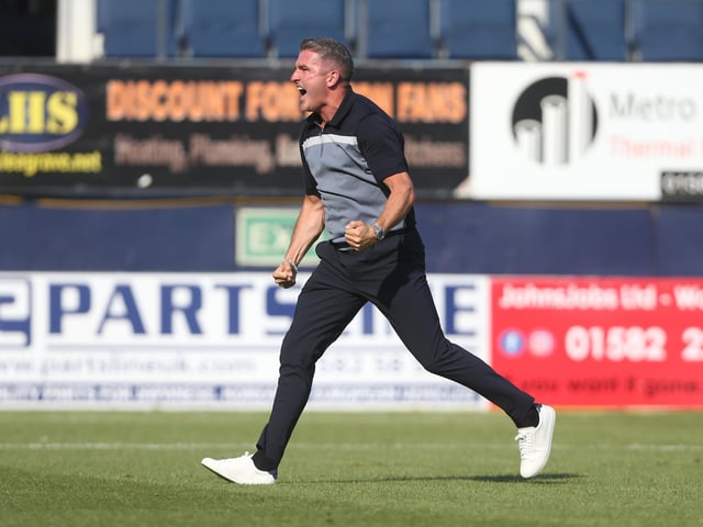 Lowe shows his delight after PNE got their first league win of the season away at Luton Town