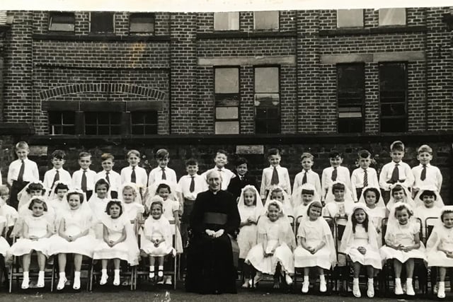 St Joseph’s School, Preston, First Holy Communicants with Monsignor Brendan O’Neill, Parish Priest, circa 1960