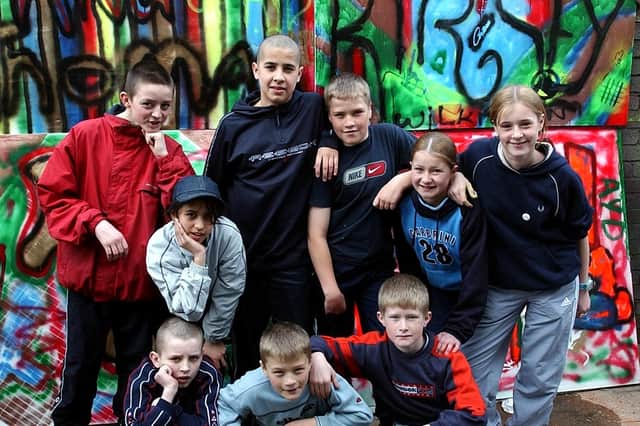Kids from from The Hub Centre, Frenchwood, Preston, with their spray paint artwork which will be displayed at the University of Central Lancashire