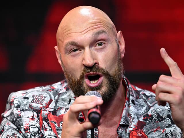 Tyson Fury speaks during a Tyson Fury v Francis Ngannou Press Conference in September. This fight is taking place before the Usyk fight. (Photo by Justin Setterfield/Getty Images)