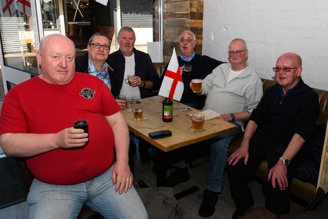 Gary Barnes, Steve Hudson, Wils Tyson, Paul Wood, Terry Moreton and Nigel Wilcock enjoying the Chorley Pub Festival on Thursday
