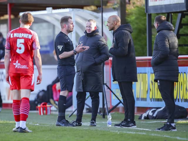 Andy Preece has a difference of opinion with the referee at Needham Market (photo: David Airey/dia_images)