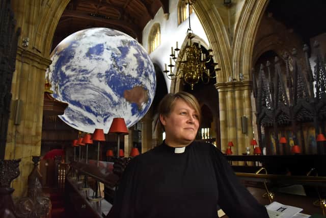 The Vicar of Lancaster, the Rev Leah Vasey-Saunders welcomes Gaia to the Priory. Picture by Darren Andrews.