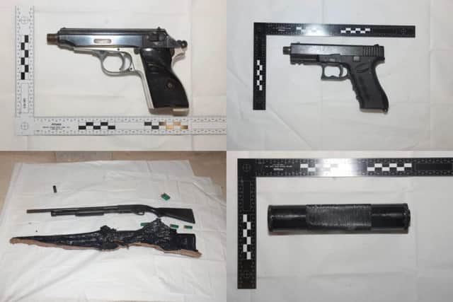 Two handguns with rounds of ammunition and a silencer and a pump action shotgun with shotgun shells were also discovered. (Credit: Lancashire Police)