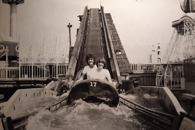 Lyn Taylor and Christine Bamford ride the Log Flume in 1980