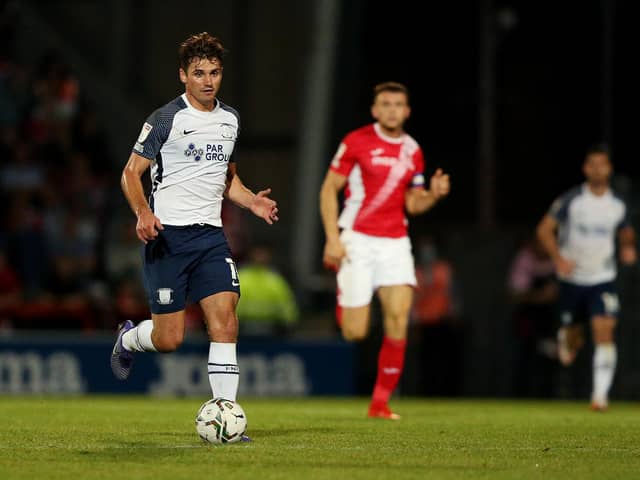 MORECAMBE, ENGLAND - AUGUST 24: Ryan Ledson of Preston North End runs with the ball during the Carabao Cup Second Round match between Morecambe and Preston North End at Globe Arena on August 24, 2021 in Morecambe, England. (Photo by Charlotte Tattersall/Getty Images)