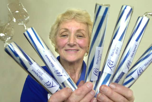 Keep Fit Association national competitions at the Winter Gardens' Empress Ballroom. Margaret Slater with the KFA Blackpool 2001 rock, specially made by her company W.S. Slater and Co for the event