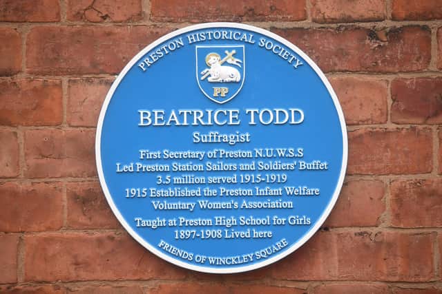 The blue plaque for Beatrice Todd who was the prime mover in establishing the Sailors and Soldiers Buffet on Preston Railway Station, which welcomed more than 3.5 million servicemen and women between 1915-1919 as they passed through the town