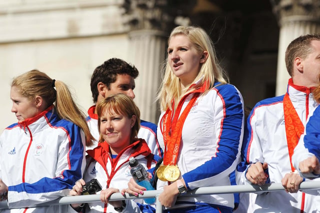 Rebecca Adlington watches the crowds during the Olympic and Paralympic Heroes Parade on October 16, 2008 in London. She was voted third in the BBC Sports Personality of the Year award in 2008. Becky announced her retirement from the sport on 5 February 2013.