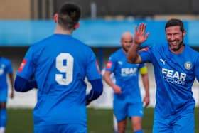 Lancaster City's David Norris celebrates after scoring against Whitby Town last Saturday. (photos: Phil Dawson)