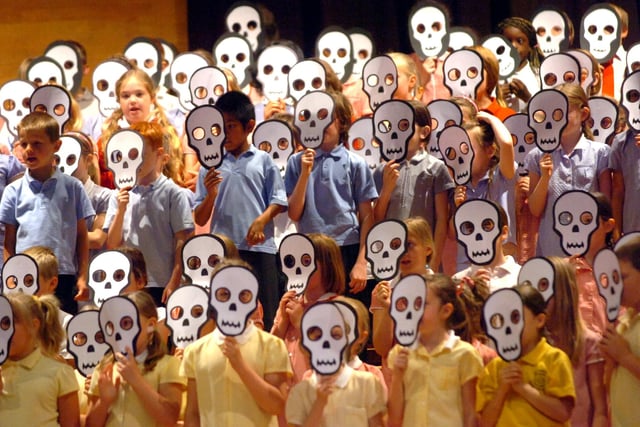Skeleton masks for this song at Preston Schools Music Festival at Preston Guild Hall