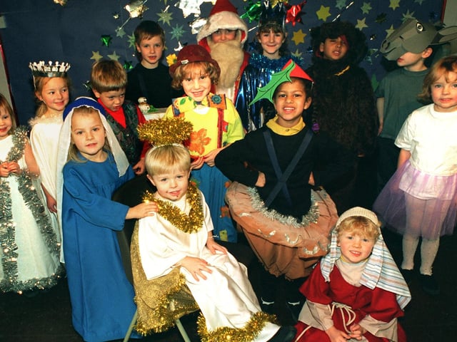 Harry Dunn, four, (seated) as the Little Angel, during one of the Fulwood and Cadley and County Primary School Christmas nativity plays in 1996
