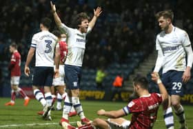 Preston North End's Ben Pearson celebrates in front of the travelling supporters after the match at Deepdale
