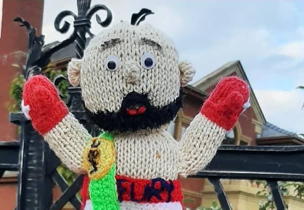 Val Sawczyn has knitted a Tyson Fury postbox topper.