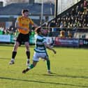 Teddy Lavelle fires home a dramatic late equaliser for Southport against Yeovil Town in the FA Trophy sixth round (photo: Julia Urwin/Southport FC)