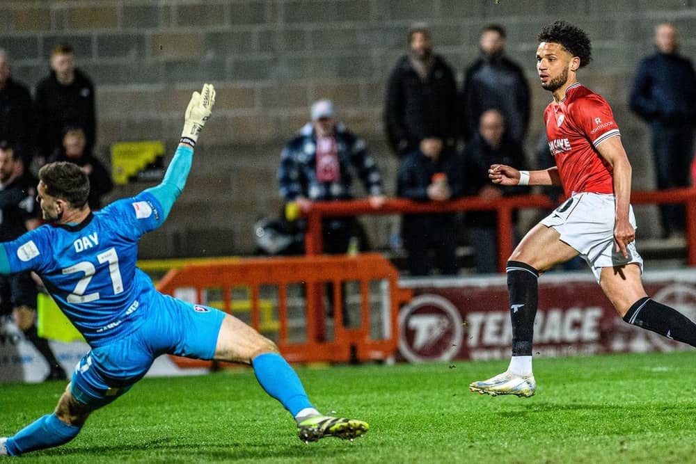 Lee Angol scored again in Morecambe's midweek victory against Cheltenham Town Picture: Morecambe FC