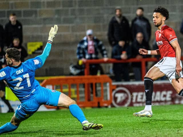 Lee Angol scored again in Morecambe's midweek victory against Cheltenham Town Picture: Morecambe FC
