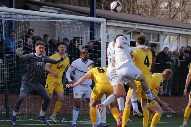 Lancaster keeper Curtis Anderson keeps Buxton at bay (photo:Phil Dawson)