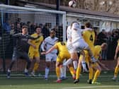Lancaster keeper Curtis Anderson keeps Buxton at bay (photo:Phil Dawson)