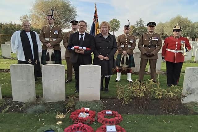 Stephen Gore and wife Julie at the rededication of Pte Parry's grave at Ypres