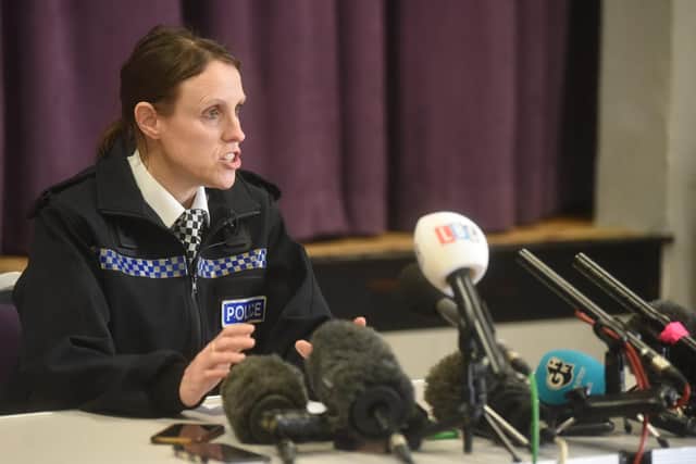 Supt Sally Riley addresses Friday's press conference at St Michael's on Wyre village hall.