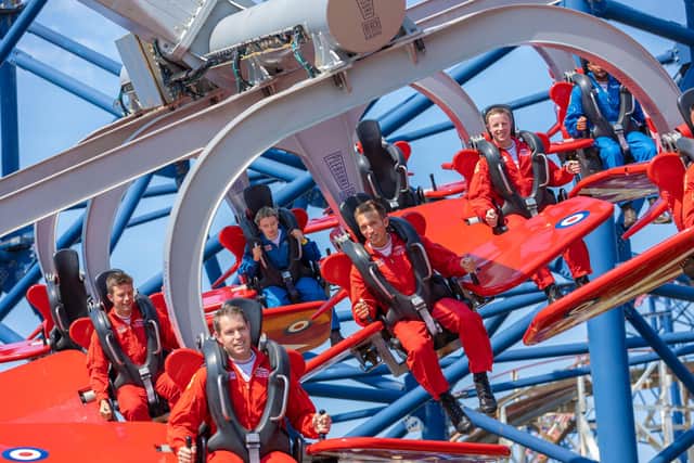 Red Arrows team try out the Red Arrows Skyforce ride at Blackpool Pleasure Beach