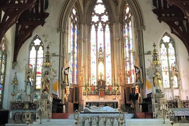 The sanctuary of St. Walburge's Church, with the nave altar - installed in 1972 - to the front and the longstanding high altar to the rear (image: Kepczyk Pearce Sanderson, via Preston City Council planning portal)