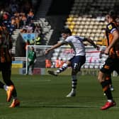 Preston North End's Robbie Brady see this shot hit the woodwork.