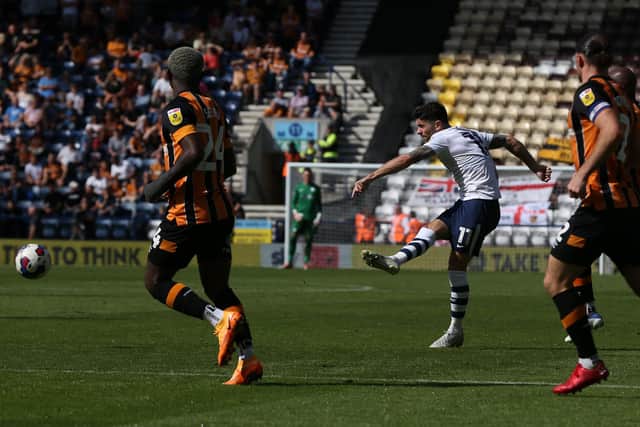 Preston North End's Robbie Brady see this shot hit the woodwork.