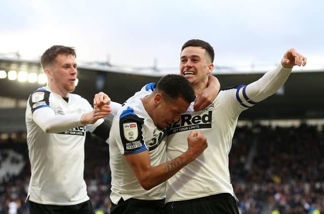 Tom Lawrence (right) celebrate with Ravel Morrison after he scored for Derby