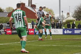 Chorley's Adam Henley heads home against Blyth Spartans (photo: David Airey/dia_images)