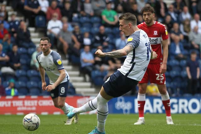 Emil Riis scores Preston North End's fourth goal against Middlesbrough from the penalty spot at Deepdale