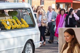 Bella Greer's coffin is carried into Fylde Rugby Club ahead of her funeral service in Lytham. Photo: Kelvin Lister-Stuttard