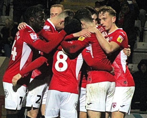 Morecambe celebrate Adam Mayor's winning goal against Port Vale Picture: Michael Williamson