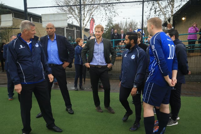 Prince Harry visits the Sir Tom Finney Soccer Development Centre and the Lancashire Bombers Wheelchair Basketball Club at the University of Central Lancashire (UCLan) sports arena in Preston