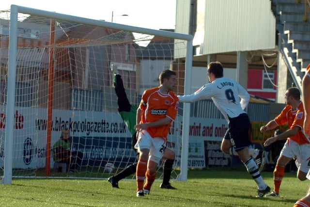 The ball ripples the net as Chris Brown scores the equaliser for Preston North End against Blackpool at Bloomfield Road.