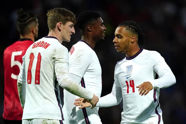 Cameron Archer and Anthony Gordon celebrate in England Under-21s win over Albania