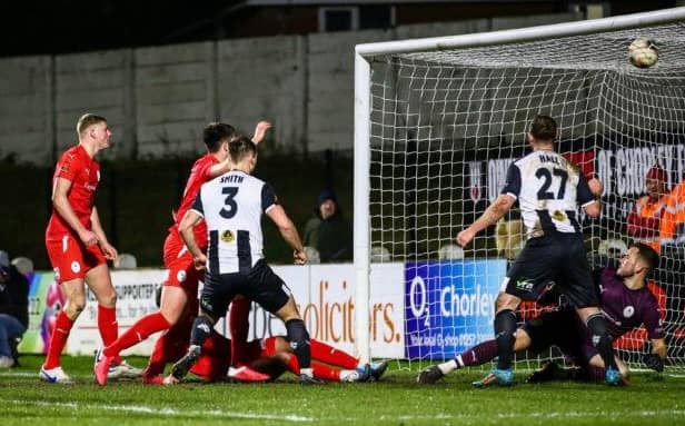 Harvey Smith scores Chorley's winner (photo: Stefan Willoughby)