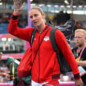 Holly Bradshaw of Team England waves to the crowd after withdrawing from the Women's Pole Vault Final (Photo by Michael Steele/Getty Images)