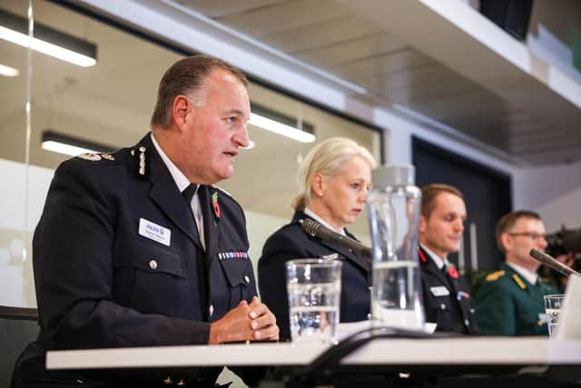 (left-right) GMP Chief Constable Stephen Watson, BTP Chief Constable Lucy D'Orsi, GMFRS Chief Fire Officer Dave Russell and NWAS Chief Executive Daren Mochrie during a press conference in Manchester following the publication of the Manchester Arena Inquiry volume two report on emergency services response
